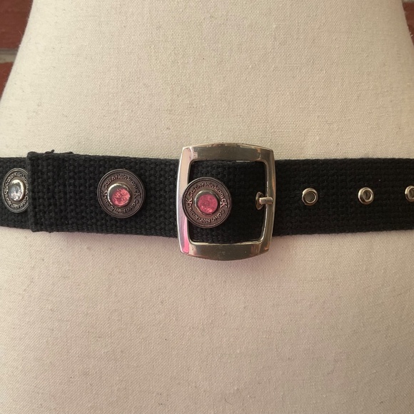 •Vintage Calvin Klein Black Canvas  Belt Silver Metallic Studded Brand Name - Picture 6 of 10